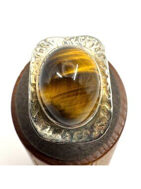 VTG Solid Sterling Silver 925 Tiger's Eye Bezel Set Modernist Ring Size 6